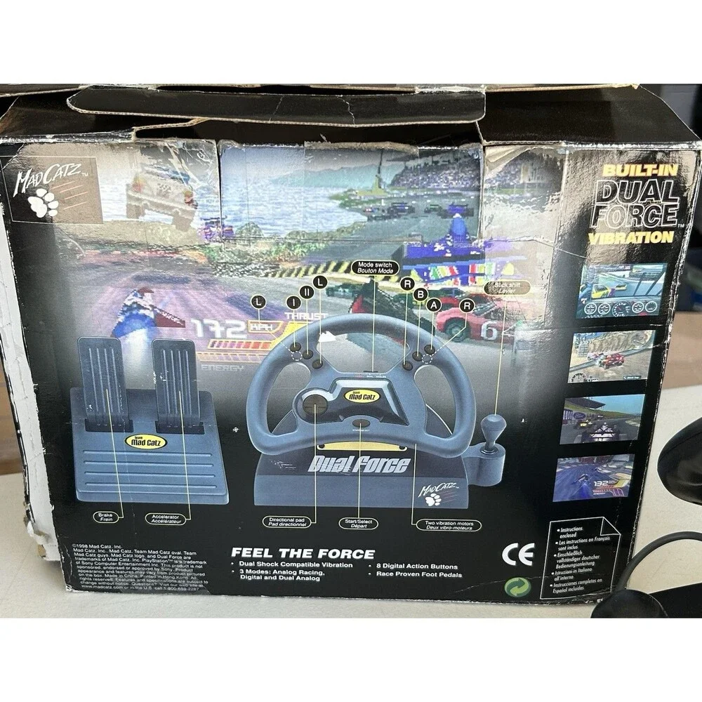 Mad Catz Dual Force Racing Wheel Pedals PS1 PS2 Complete In Box Tested Working